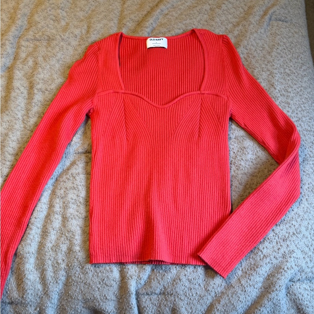 Red Ribbed Long Sleeve Top